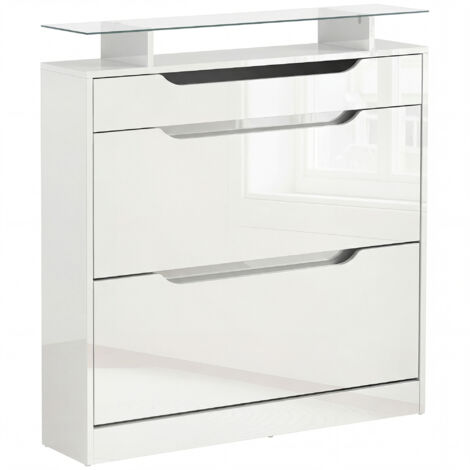 Shoe Storage Cabinet with Slide Out Drawer, 2 Flip Doors, Tempered Glass Top - White