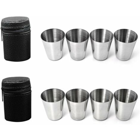 AUTRES Shooter Verre, 8pcs Verre à Shot en Acier Inoxydable, 2 Pcs Étui en Cuir avec Fermeture Éclair, Verres à Shot pour Voyage Camping Boisson à Boire Biere Whisky Rhum Cognac Café