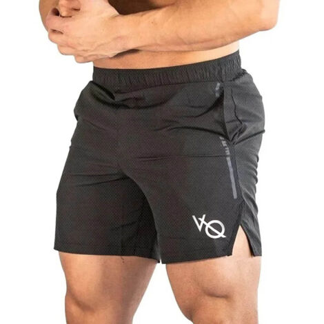Short de sport homme avec poche, séchage rapide et respirant, fermeture à cordon de serrage, idéal pour la course et le fitness, noir avec étiquette blanche.