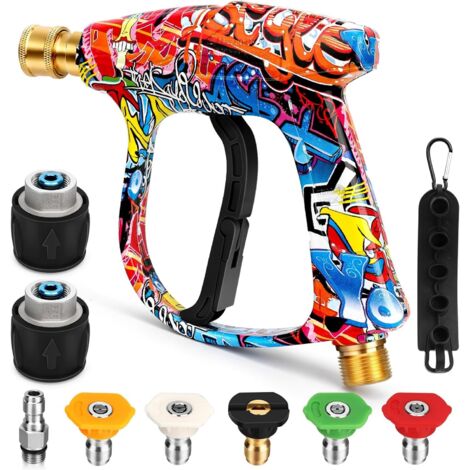 Short High Pressure Washer Gun with 5 Nozzles & 2 Hose Connectors, 4000PSI Cleaner Gun Car Wash Water Gun M22-14mm Water Inlet to 1/4" Connect, for Karcher K-series Quick Connect & Release Trigger Gun