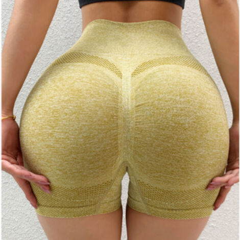 Shorts de Yoga Gainant Fessier Taille Haute Contour Ventre Sans Couture Élastique Femme Fitness Course Jaune Taille M 40‑60kg