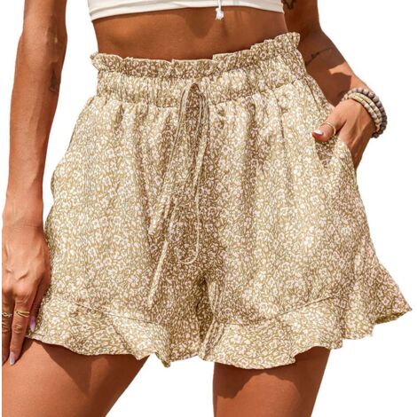 Shorts d'Été Femme Taille Haute Lâches Imprimés avec Ceinture et Poches, Couleur Kaki Taille XL