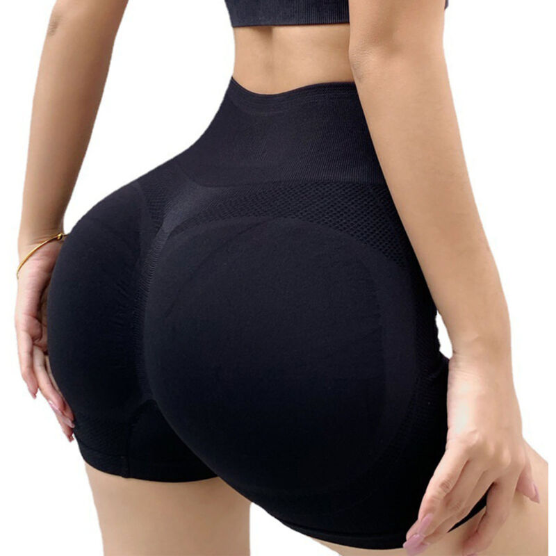 Shorty de Sport Femme Gainant Short Yoga Ceinture Haute pour Vélo Fitness Noir Taille S M