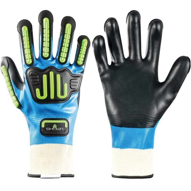 Showa Impact Resistant Gloves, Nitrile Coated, Blue/Black/Green, Size 9