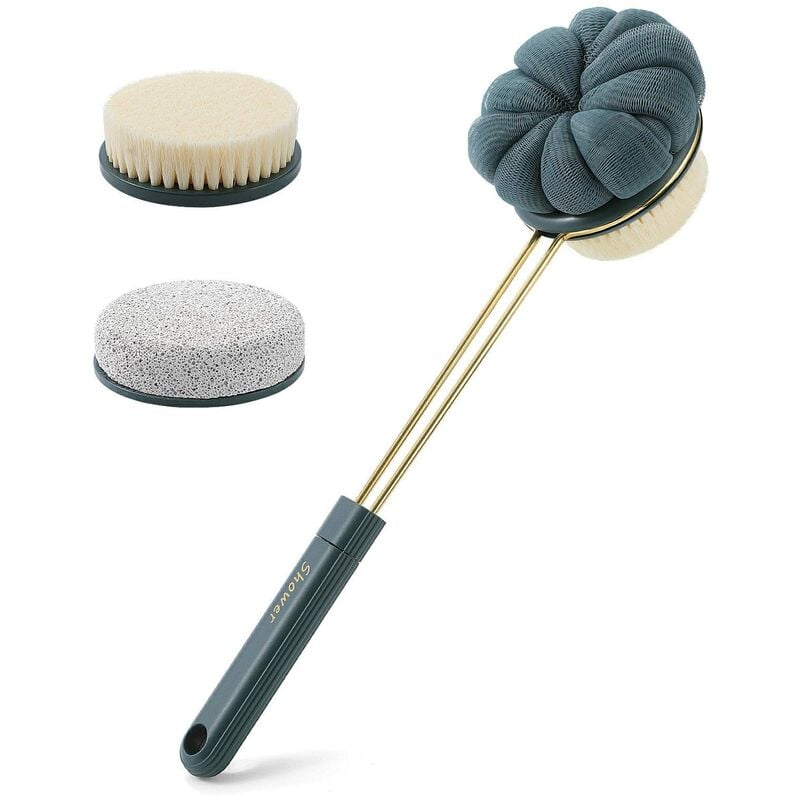 Shower Back Brush Long Handle Sponge Shower Flower Pumice Foot 3 in 1 Bath Accessories (Dark Green)