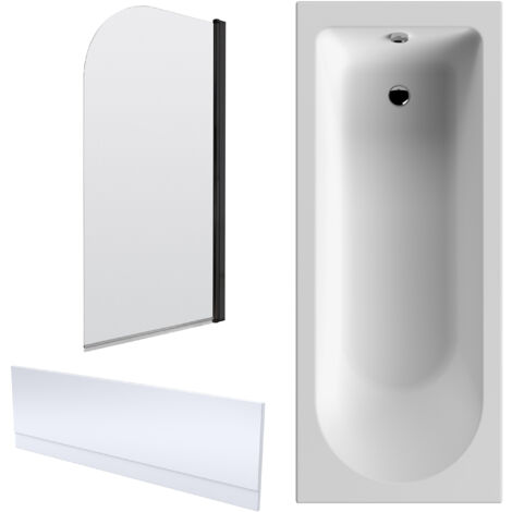 Shower Bath Bundle Single End Round Tub, Front Panel & Round Bath Screen, 1700mm x 750mm, Black