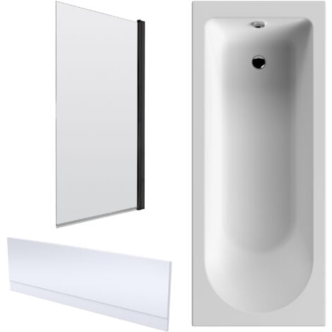 Shower Bath Bundle Single End Round Tub, Front Panel & Square Bath Screen, 1700mm x 750mm, Black