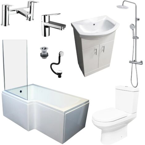 Shower Bath Suite L Shaped Left Hand Inc Vanity Unit Toilet Bath Screen & Taps, No End Panel