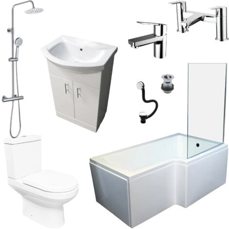 Shower Bath Suite L Shaped Right Hand Inc Vanity Unit Toilet Bath Screen & Taps, With End Panel
