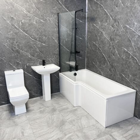 Shower Bath Suite with Black Taps Screen Valve L Shaped Amara – Left Hand, With End Panel