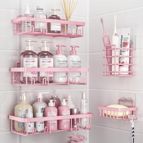Shower Caddy - Stainless Steel Adhesive Wall-Mounted Bathroom Organizer Set - For Shower Interior - 5 Pieces Including Shelves Soap Holder Toothbrush Holder - Pink