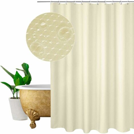 main image of "Shower Curtain Beige, Plain Design Waffle Checked Polyester bathroom Shower Curtain Liner Mildew Resistant Heavy Duty with 12 Hooks, Standard Size 180 * 180CM"