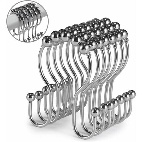 Shower Curtain Hooks, 12 Pcs Shower Curtain Rings, Stainless Steel Roller Rust-Resistant Balance Sliding Anti-Drop Double Shower Hooks for Curtain Bathroom Shower Curtains (Chrome)