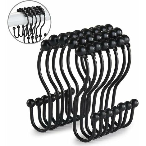 Shower Curtain Hooks, 12 Shower Curtain Rings, Rust-Resistant Stainless Steel Rollers, Anti-Drop Sliding Double Shower Hooks for Bathroom Shower Curtains (Black)