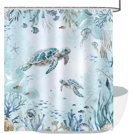 Shower curtain, polyester, waterproof & mildew resistant, turtle & dolphin design, 180×180cm