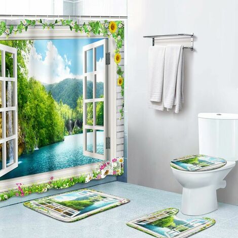 Shower Curtain Set, 3D White Window Waterfall, 72 x 72