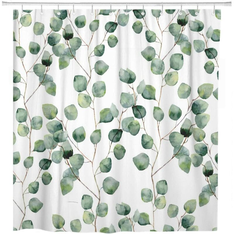 Shower Curtain Watercolor Green Floral Leaf Eucalyptus Round Leaves Succulent Pattern Branches Home Bathroom Decor Polyester Fabric Waterproof 72 x