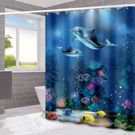 Shower curtain / waterproof shower curtain 180 × 180 cm – Water-repellent, mold-resistant, turtle and dolphin pattern – Easy installation