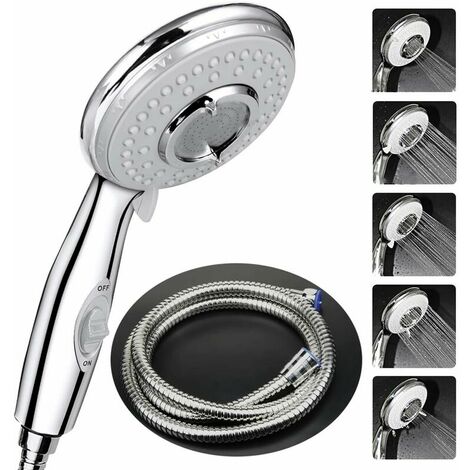 Shower head + 2m flexible shower hose, shower head with hose, 5 water saving modes and switch button, high pressure stainless steel hand shower