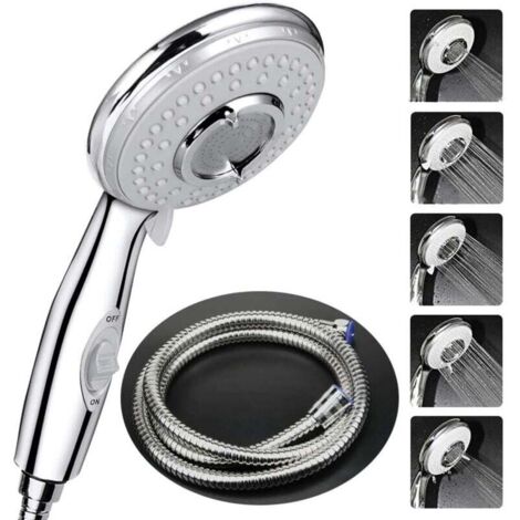 Shower Head + 2M Flexible Shower Hose, Shower Head with Hose, 5 Water Saving Modes and Switch Button, High Pressure Stainless Steel Shower Head - RAPANDA