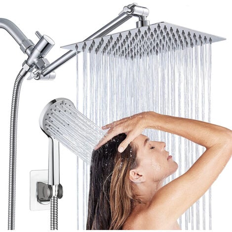 Shower Head, 8 Inch Rain Shower Head with Handheld Spray Combo with On/Off Pause Switch and 11 Inch Adjustable Angle Extension Arm/Flow Regulator, Easy Clean High Pressure Nozzle, Chrome, Silver