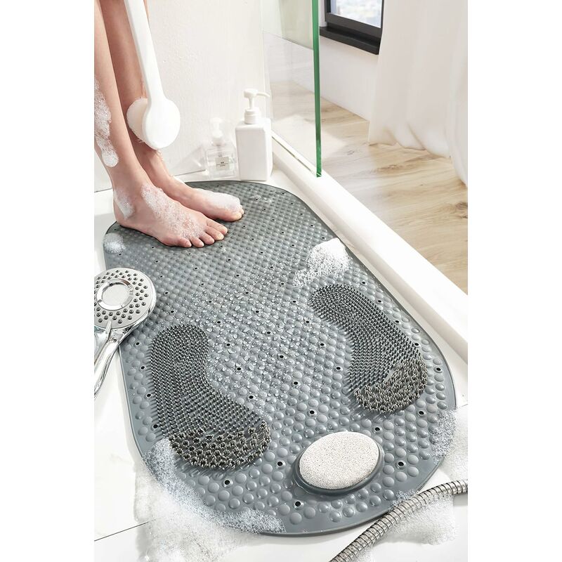 Shower Mat Bath Non-Slip Bath Mat Foot Mat with Removable Pumice Stone, with Suction Cups (Gray)