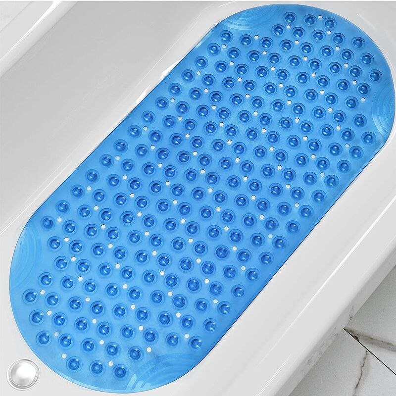 Shower Mat, Slip Resistant Bath Mat with Drain Holes and Suction Cups, Machine Washable Bath Mat - 88 x 40 cm, Transparent Blue