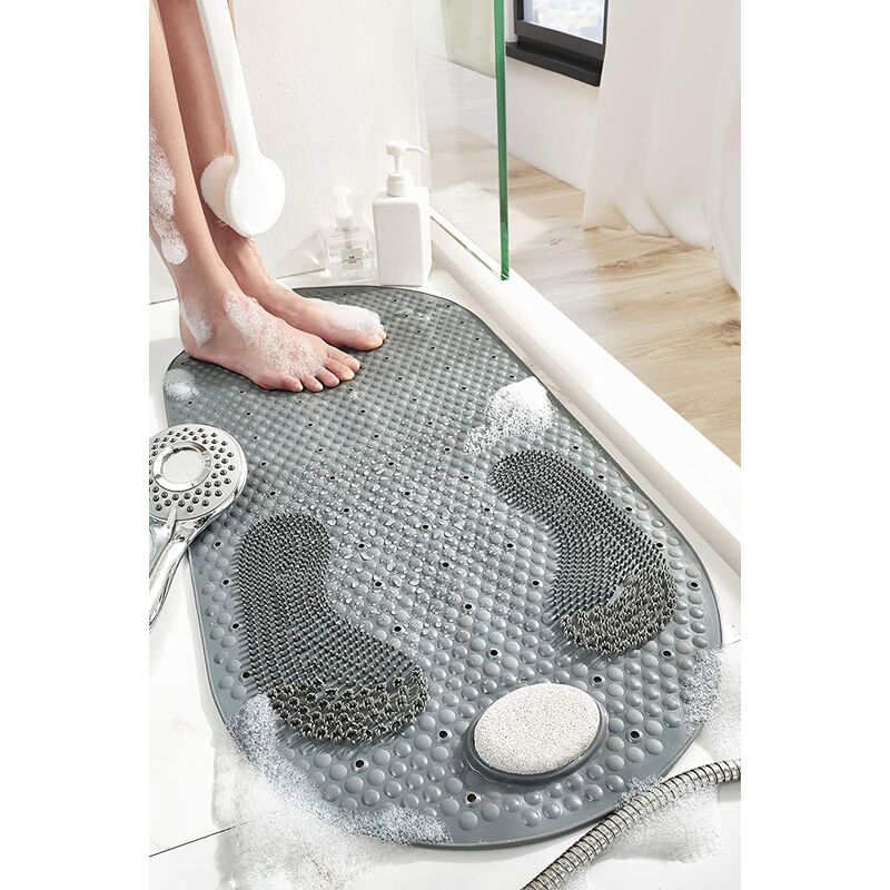 Shower Mats 40 x 80 CM Non-Slip PVC Bath Mats for Bathtub Grinding Floor Massage Mats Foot Mat with Removable Pumice Stone, with Suction Cups and