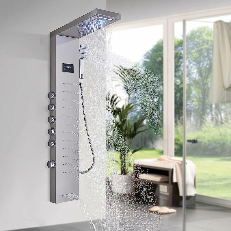 Image of Shower Panel bath Shower Stainless Steel LED Shower Column Shower System Head Shower Hand Shower Fitting Shower Set 2 x Massage Nozzles Brushed Nickel