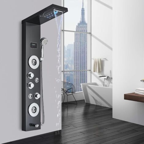 Shower Panel Column Tower System Black 5 Function bath Shower System LED Waterfall Rainfall Shower Head+Hand Shower+8 Massage Jets +Bath Spout 304 Stainless Steel Zamery