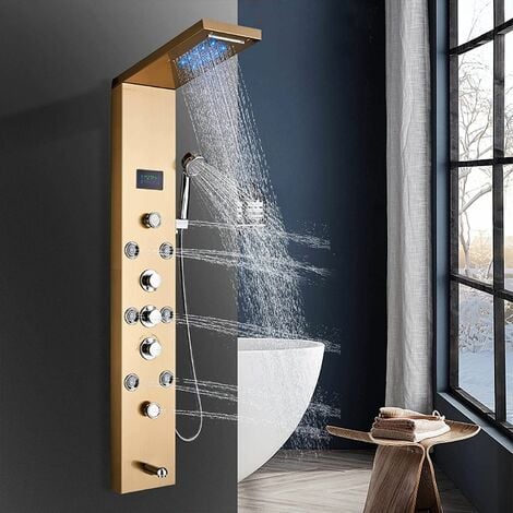 ZAMERY Shower Panel Gold Stainless Steel LED Rainfall Waterfall Shower 6 Functions with Massage Nozzle Rainfall Hand Shower Bath Spout Bathroom Wall Mounted Shower Panel