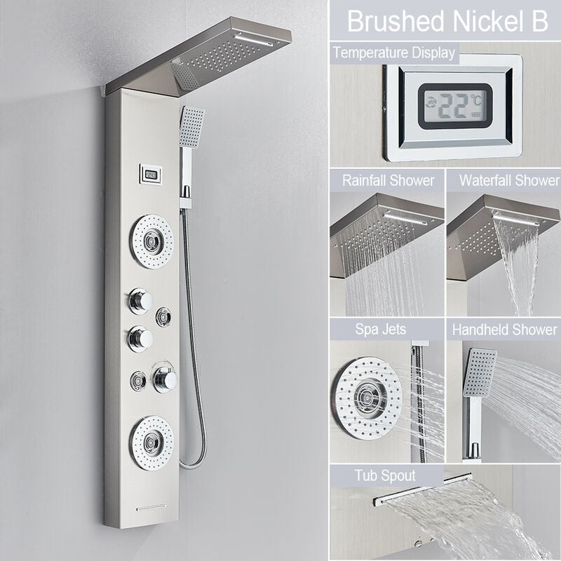Shower Panel Shower System with Hand Shower, spa Massage Jets and Mixer Tap Hydromassage Shower Column with lcd Temperature Display for