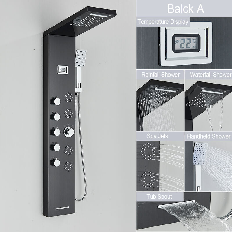 Shower Panel Shower System with Hand Shower, spa Massage Jets and Mixer Tap Hydromassage Shower Column with lcd Temperature Display for
