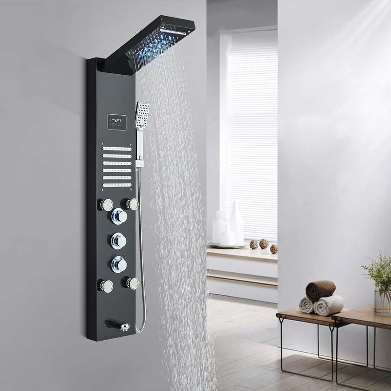 Shower Panel System led Rainfall Waterfall Shower Head Rain Massage System with Body Jets shower tower Stainless Steel Bathroom 6-Function Shower