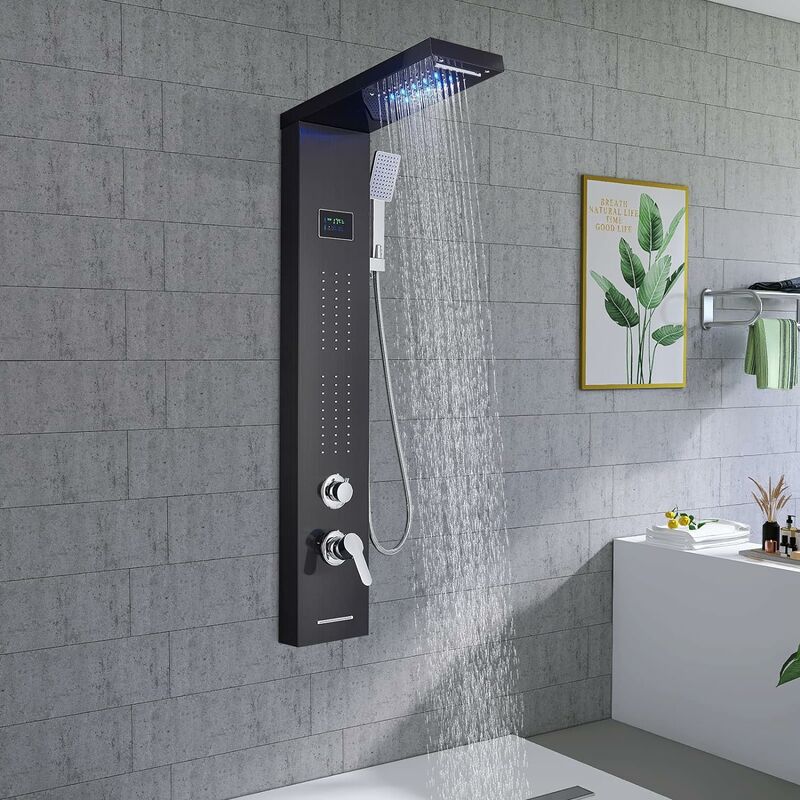 Shower Panel System with Digital Display,body Jets tub spout and led Rainfall Waterfall and Handheld Shower,Massage Full Body Shower Spa System,Black