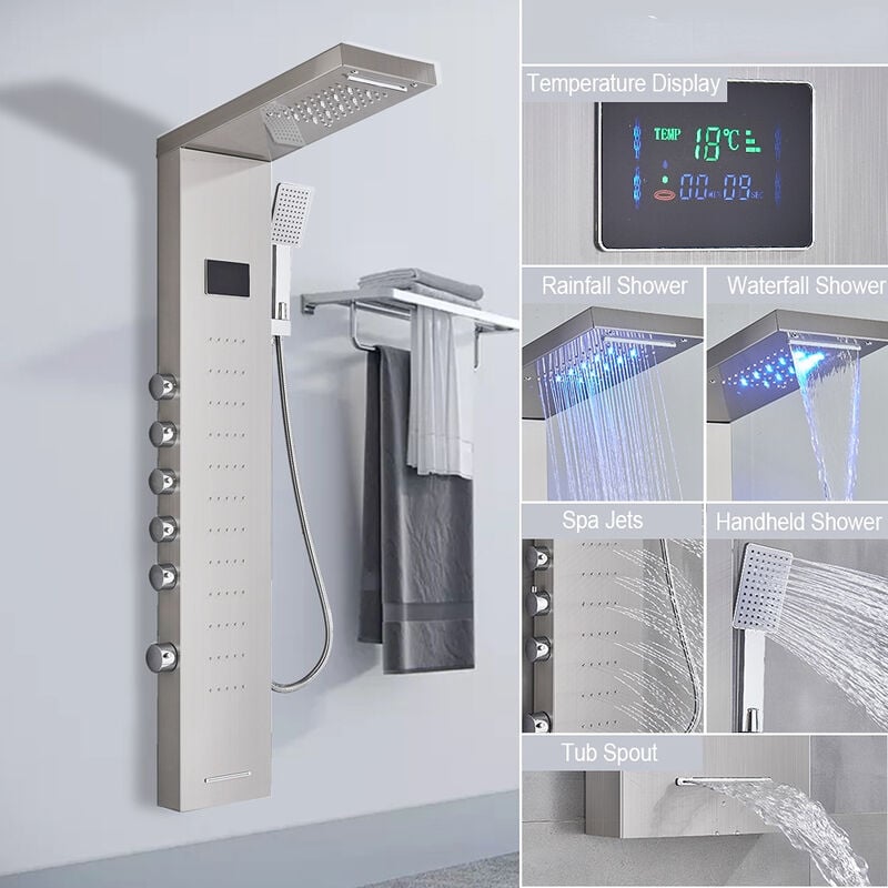 Shower Panel Wall Mounted Shower System 5 Functions with 1 Massage Jets,brushed nickle