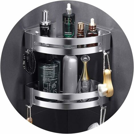 main image of "Shower Shelf Corner Shelf - Bath Shower Tray with 2 Hooks - Shower Basket - Without Drilling - Space Aluminum, Polished (Triangle, 2 Pack)"
