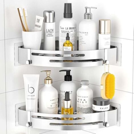 Shower shelf without drilling corners: Shower shelf stainless steel 2-pack shower basket self-adhesive with 4 hooks bathroom shelf for shower storage shampoo and shower gel (silver) MUMU
