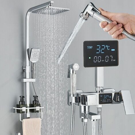 ZAMERY Shower System Chrome,Mixer Set with LCD,Square Rainfall Shower Head, Handheld Shower,bidet,shelf, Adjustable Height Anti Scald Chrome Shower Set