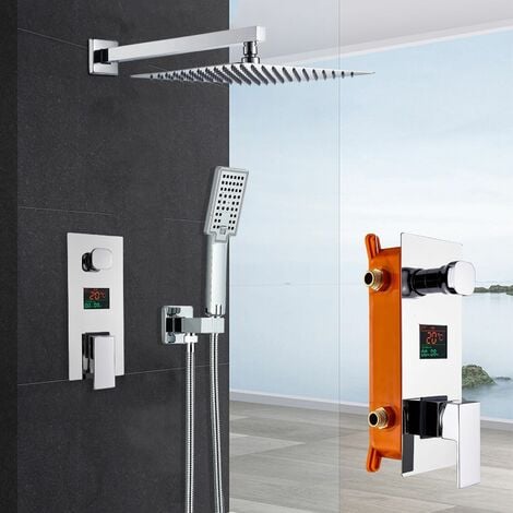 ZAMERY Shower System Concealed Shower Set for Bathroom 2-Function with LCD Temperature Screen Wall Mounted 12-Inch Shower Head with Handheld Including Rough-in Valve Body and Trim Kit Square