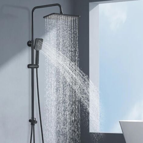 SUGUWORD Shower System Set Black Shower Kit Square Rainfall Shower Head Hand Shower and Hose Set Adjustable 70-117 cm Shower Riser Rail kit