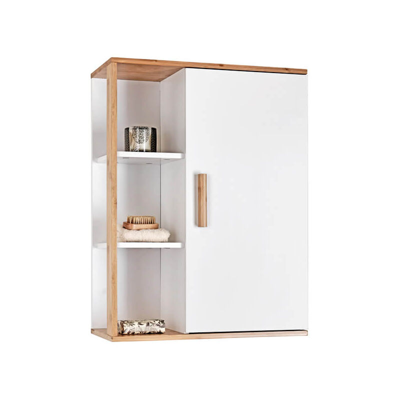 Showerdrape - Cassino Bamboo/White Bathroom Wall Cabinet with Display Shelves