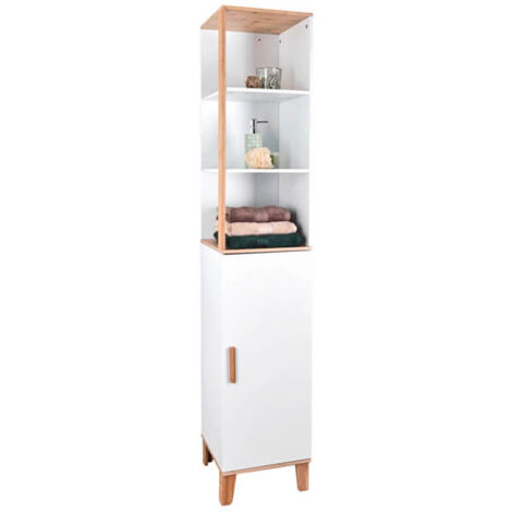 Showerdrape Catania Bamboo/White Tall Bathroom Cabinet with Display Shelves
