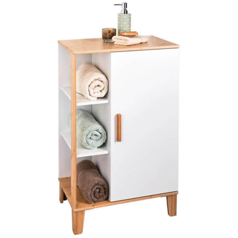 Showerdrape - Varallo White & Bamboo Bathroom Floor Cabinet with Display Shelves
