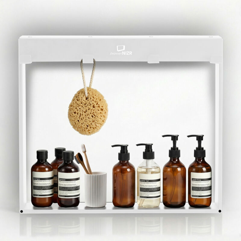 ShowerNIZR® Étagère de douche Arctic White - Étagère de douche sans perçage à suspendre sur paroi en verre en acier inoxydable avec 4 crochets