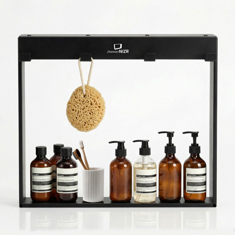 ShowerNIZR® Étagère de douche Obsidian Black - Étagère de douche sans perçage à suspendre sur paroi en verre en acier inoxydable avec 4 crochets