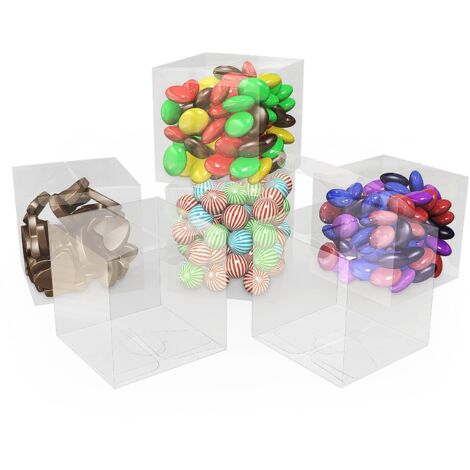 Shoze 200Pcs Clear Favour Boxes 5x5x5cm Cube Wedding Favour Boxes PVC Plastic Christmas Decorations Gift Packaging Box Sweet Film Covered Transparent for Candy Chocolate Valentine