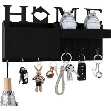 Shoze Wooden Key Hooks for Wall, Home Decor Key Holder with 7 Hooks and Mail Sorter, Key Hooks Wall Mounted for Entryway, Mudroom, Living Room, Office (Black)