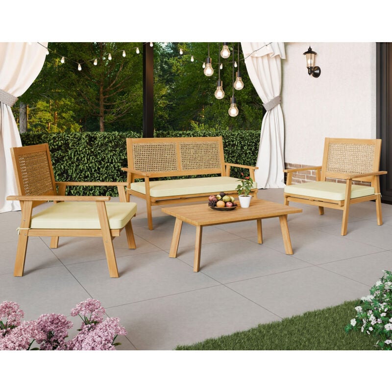 Bestmobilier - Siboney - salon bas de jardin 4 places - bois, cannage et coussins beiges