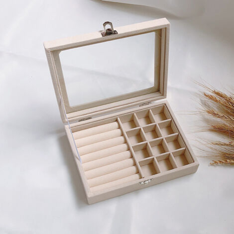 Sichere Aufbewahrungsbox aus Filz mit 9 Fächern für Schmuck (Halsketten, Ohrringe, Armbänder), Farbe: Beige.